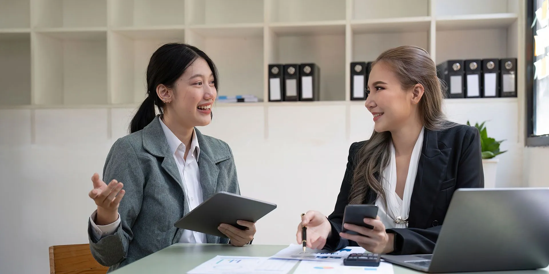 Two colleagues in a meeting at a laptop